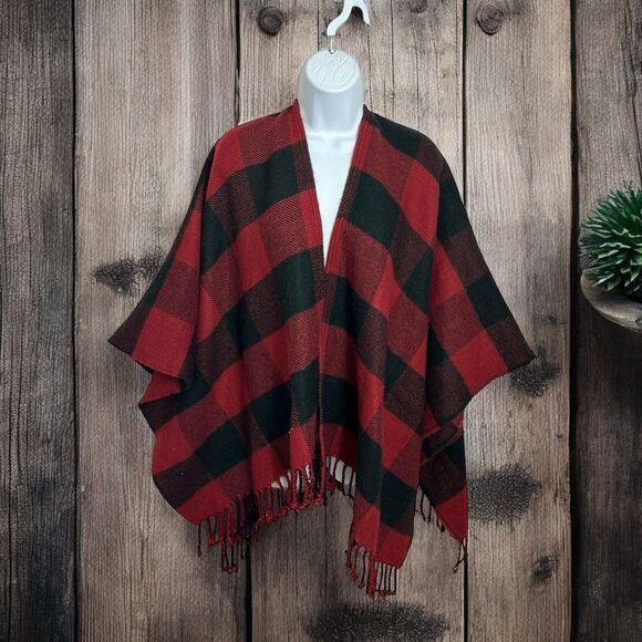 Abercrombie & Fitch Blanket Scarf Poncho Red Black Plaid Flannel One Size - Picture 7 of 7